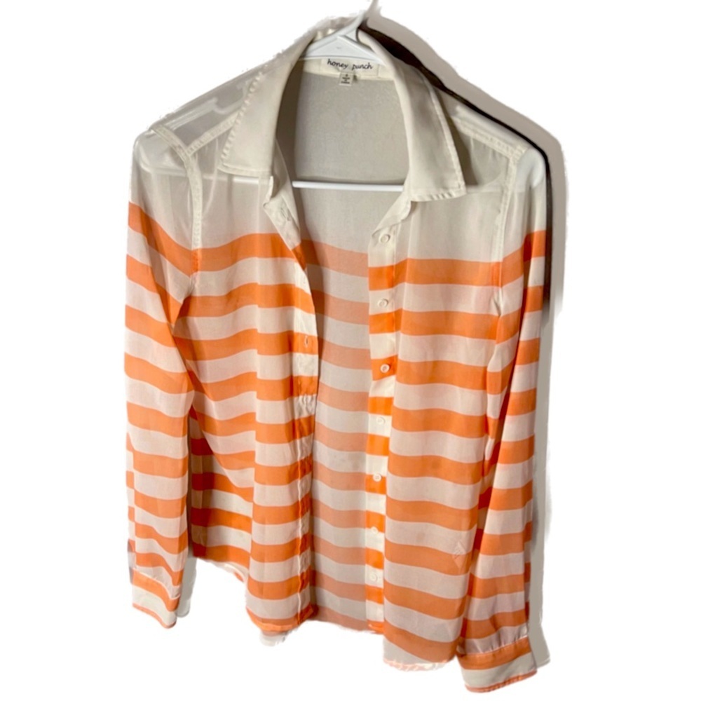 Honey Punch | Women's Blouse | sheer peach/white striped button down, sz…